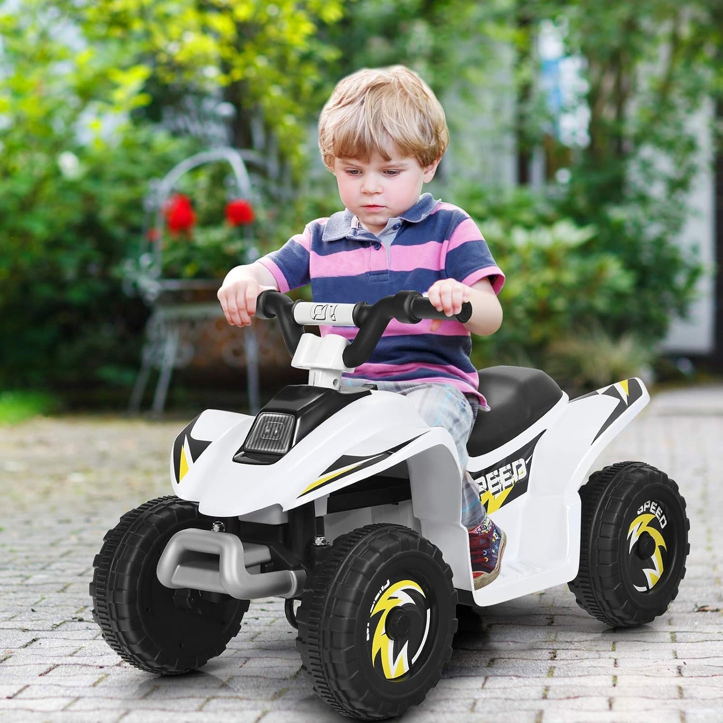 Ride on ATV, 6V Mini Off-Road Battery Powered Motorized Quad for Kids, Anti-Slip Wheels, RWD 4-Wheeler Electric Ride on Toy Car for Toddlers (White)