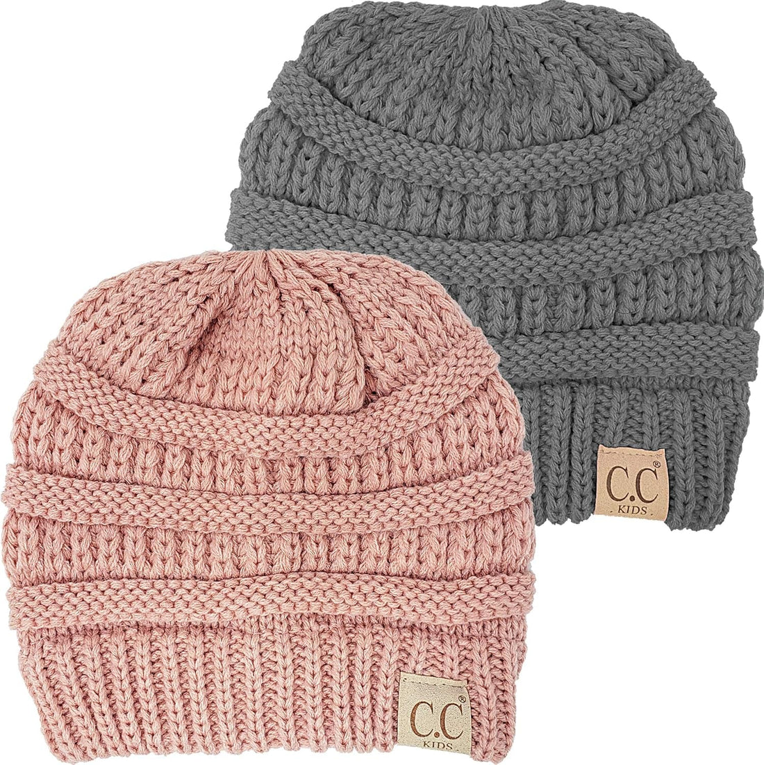 Gray and dusty-pink ribbed knit children's beanies with folded cuffs and logo patches