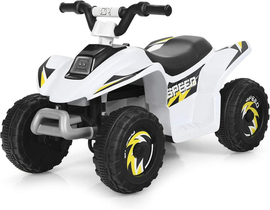 White 6V mini ride-on ATV for toddlers with black seat and chunky black wheels