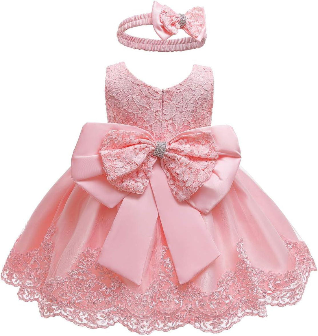 Pink lace baby dress and bow headband, back view with an oversized layered sash bow