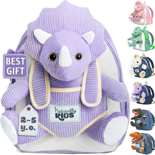 Purple triceratops plush toddler backpack with horned face and front toy pocket