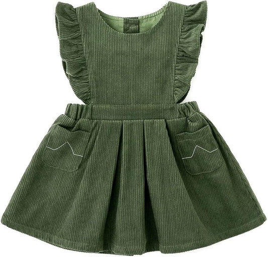Front flat lay of green corduroy toddler dress with ruffled sleeves and two pockets
