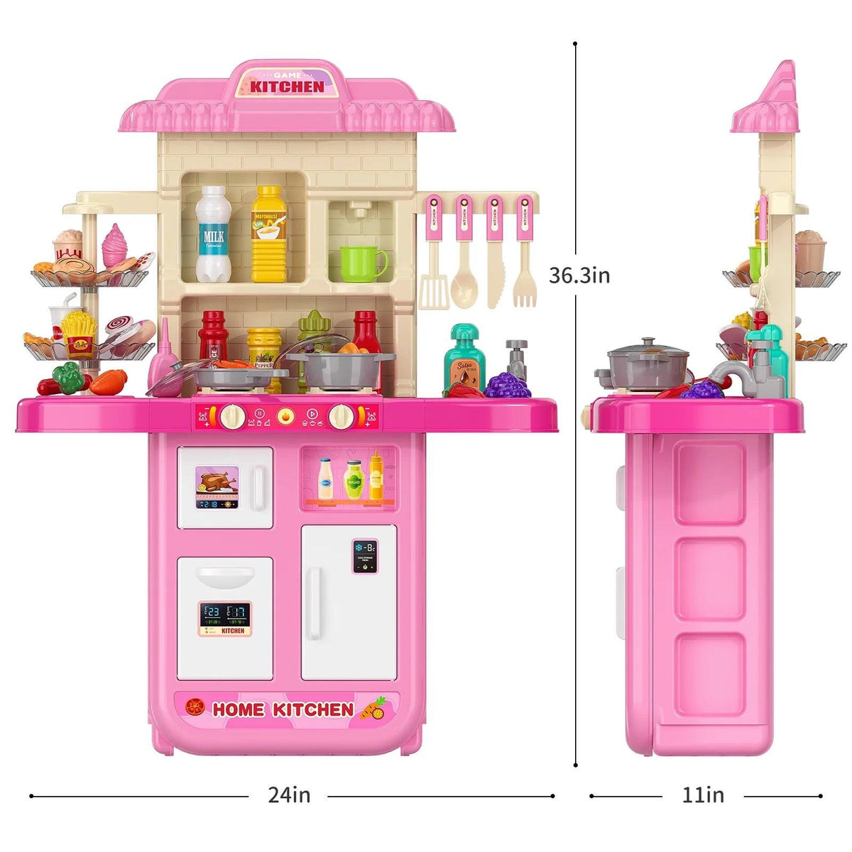 Pink play kitchen shown from the front and side with approximate dimensions