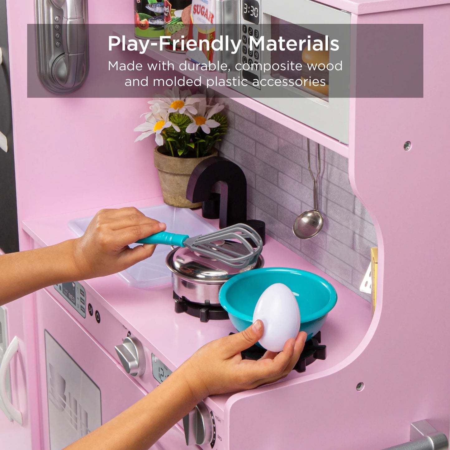 Pretend Play Kitchen Wooden Toy Set for Kids W/ Telephone, Utensils, Oven, Microwave - Pink