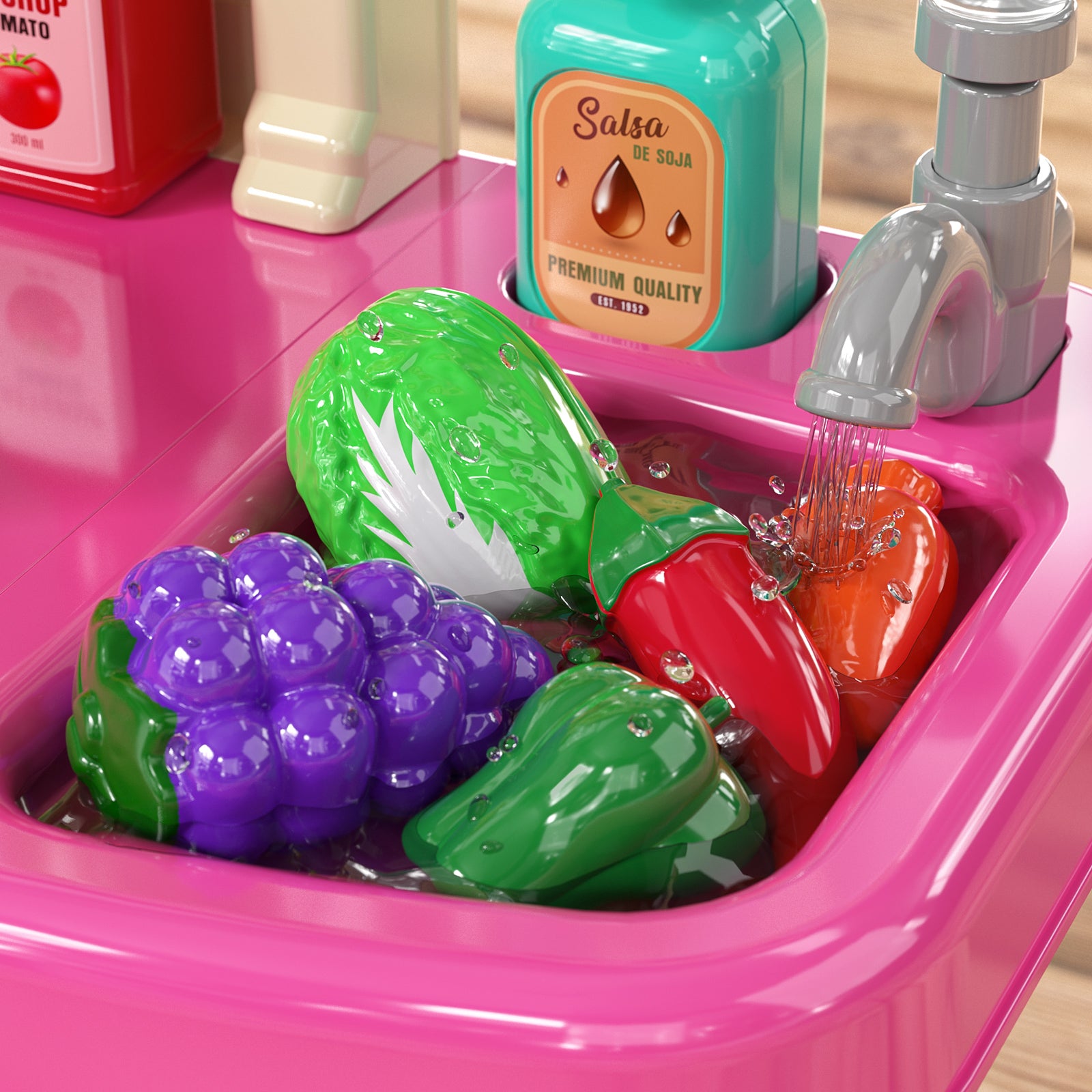 Pink Play Kitchen Girls Toy Pretend Food - Kitchen Toys for Kids Ages 4-8,Play Kitchen Accessories W/ Real Sounds Light, for Girls Boys Age 3+(36.3"X24"X11")