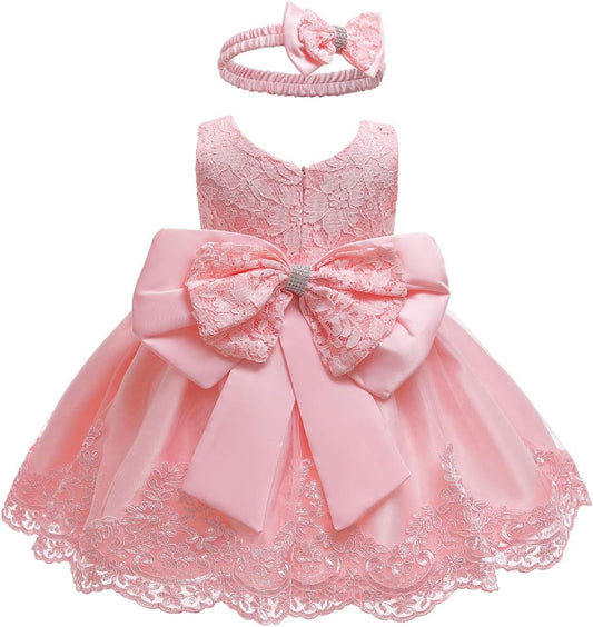 Baby Girls Ruffle Lace Backless with Headwear,Bowknot Flower Dresses Pageant Party Wedding Baby Girl Christmas Dress