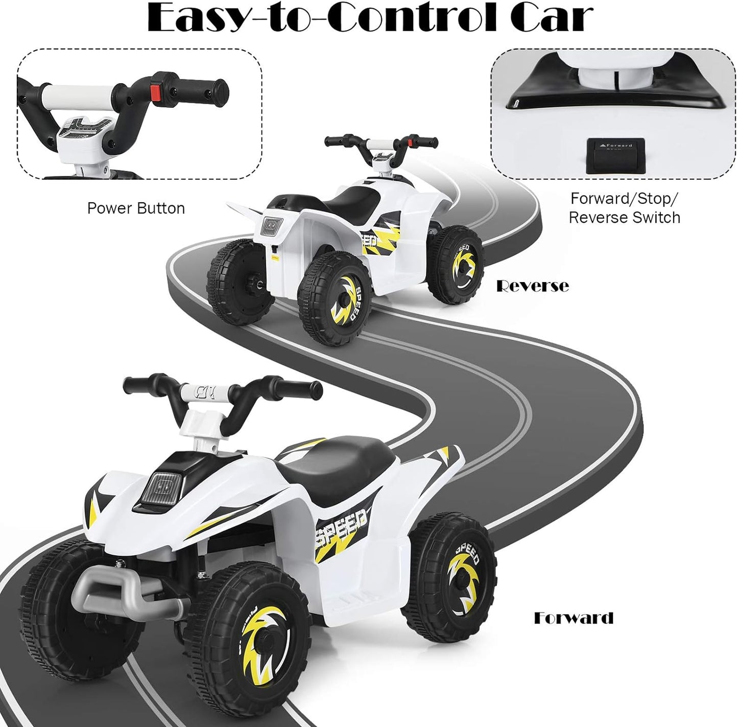 Ride on ATV, 6V Mini Off-Road Battery Powered Motorized Quad for Kids, Anti-Slip Wheels, RWD 4-Wheeler Electric Ride on Toy Car for Toddlers (White)