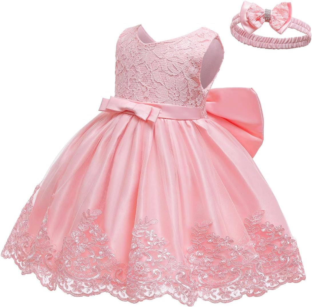 Baby Girls Ruffle Lace Backless with Headwear,Bowknot Flower Dresses Pageant Party Wedding Baby Girl Christmas Dress