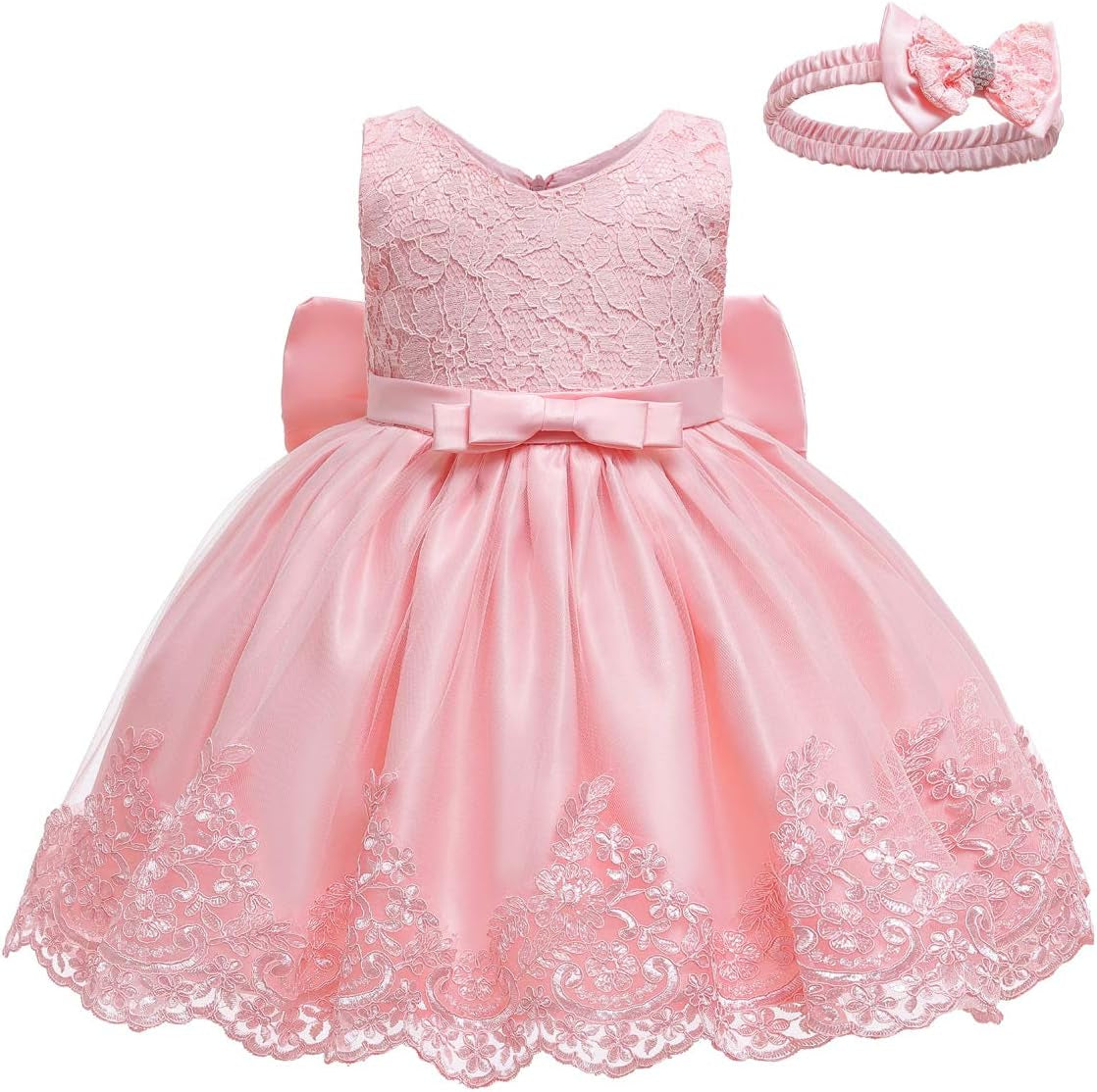 Baby Girls Ruffle Lace Backless with Headwear,Bowknot Flower Dresses Pageant Party Wedding Baby Girl Christmas Dress