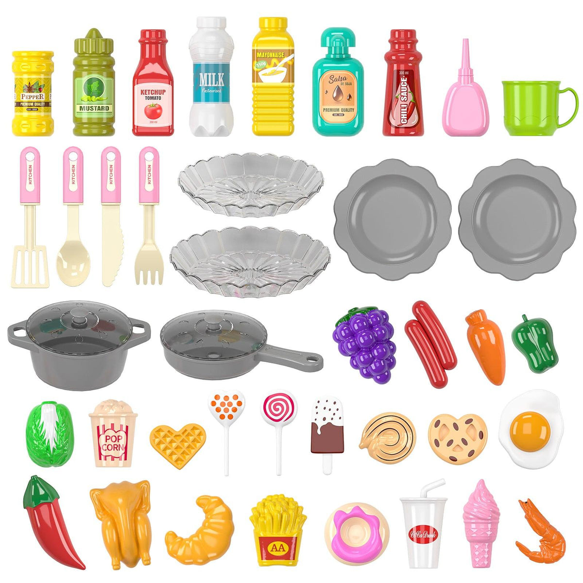 Play food, utensils, cookware, and accessories for a pink play kitchen