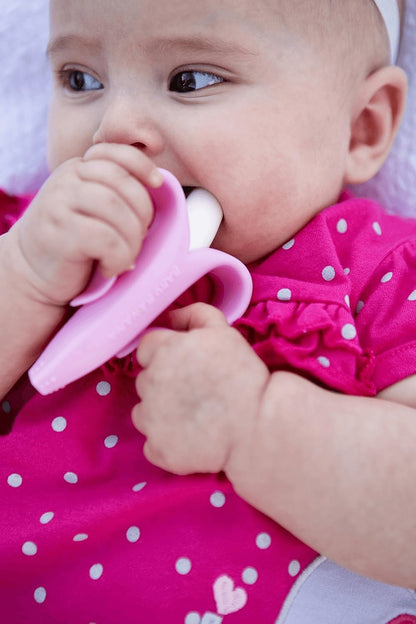 ®Pink Teether-Toothbrush, Infant to Toddler, Made in USA, Butter-Soft Bristles for Gums and Teeth, Bendable Food Grade Silicone, Family-Owned Buisness since 2009, 11 Million+ Sold