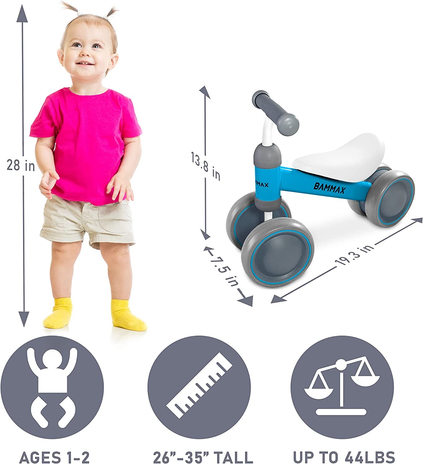 Balance Bike for 1 Year Old, Riding Toys for 9-24 Months Boys Girls, No Pedal 4 Wheels Bicycle, First Birthday Gift, Toddler Bike to Help Start Riding
