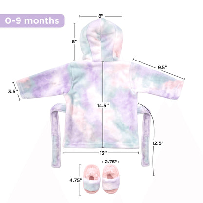 Baby Robe - Soft Plush Bath Towel Robe Spa Set - Baby Bathrobe Towel & Slippers for Boys + Turban for Girls Robe Set (Tie Dye, 12-24 Months)