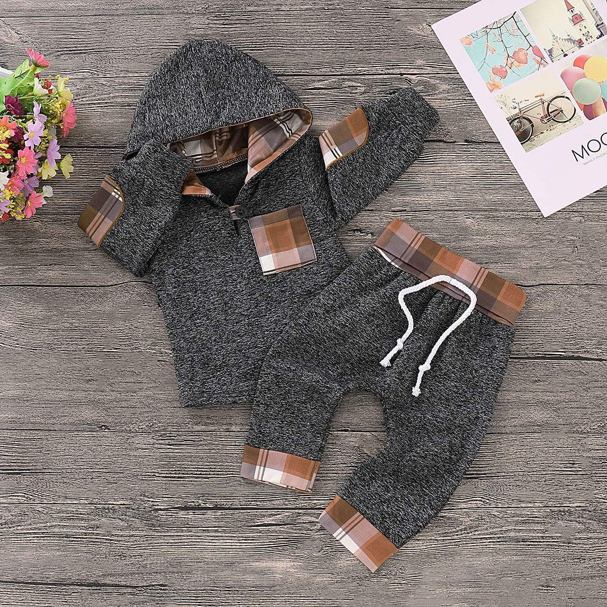Toddler Baby Boys Clothes Infant Christmas Plaid Long Sleeve Hoodie Sweatshirt Pants Set Fall Winter Xmas Outfits