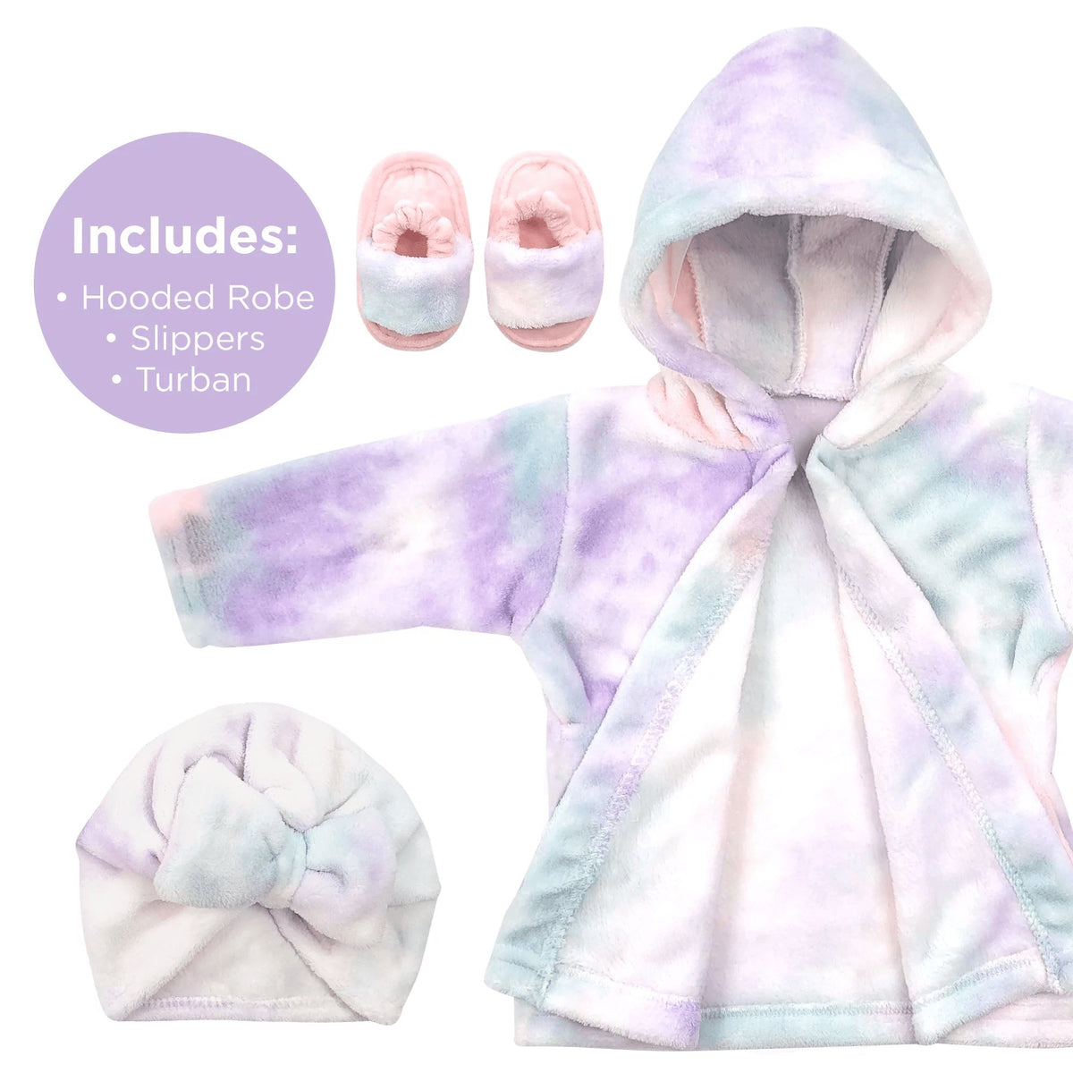 Baby Robe - Soft Plush Bath Towel Robe Spa Set - Baby Bathrobe Towel & Slippers for Boys + Turban for Girls Robe Set (Tie Dye, 12-24 Months)