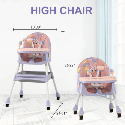4-In-1 Baby High Chair Portable Toddler Baby Dining Chairs Eat & Play Convertible High Chair with Five-Point Snap Button, Dinner Plate and Toy Rack, Purple