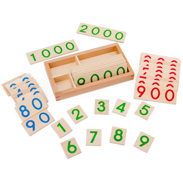 Complete Montessori wooden number card set spread around the open storage tray