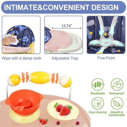 4-In-1 Baby High Chair Portable Toddler Baby Dining Chairs Eat & Play Convertible High Chair with Five-Point Snap Button, Dinner Plate and Toy Rack, Purple