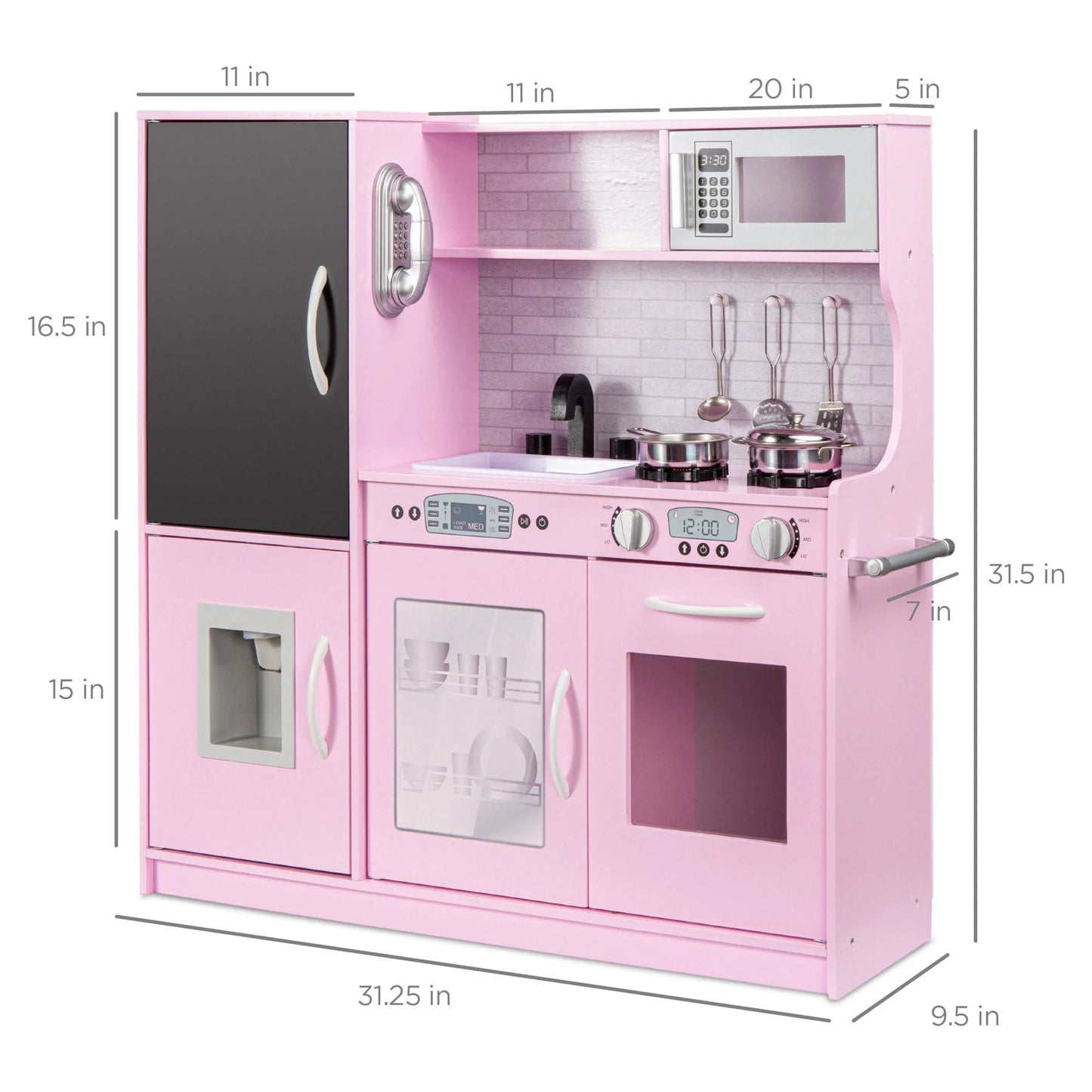 Pretend Play Kitchen Wooden Toy Set for Kids W/ Telephone, Utensils, Oven, Microwave - Pink