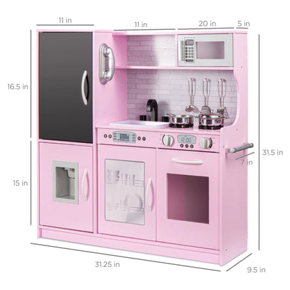 Pretend Play Kitchen Wooden Toy Set for Kids W/ Telephone, Utensils, Oven, Microwave - Pink