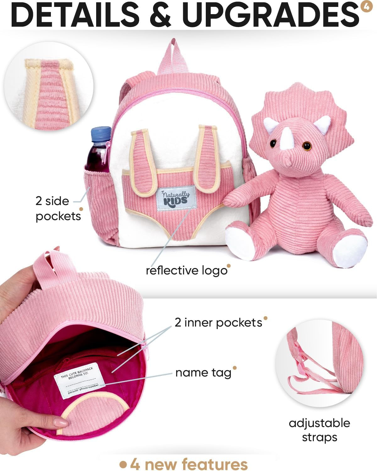 Pink Dinosaur Toys for Girls, Triceratops Toy, Dinosaur Gifts for 2 3 Year Old Girls, Toddler Backpack