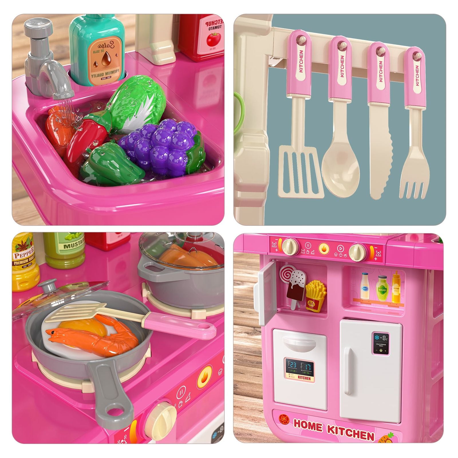 Pink Play Kitchen Girls Toy Pretend Food - Kitchen Toys for Kids Ages 4-8,Play Kitchen Accessories W/ Real Sounds Light, for Girls Boys Age 3+(36.3"X24"X11")