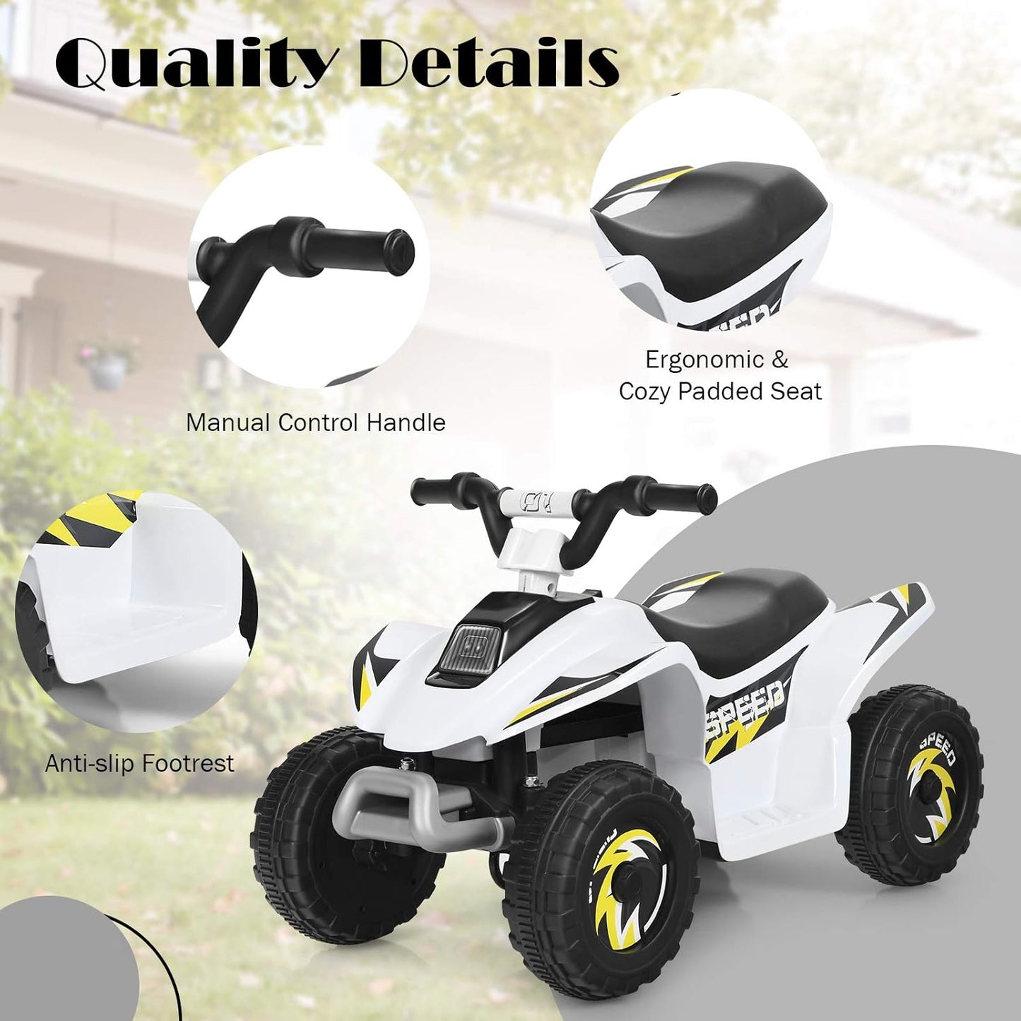 Ride on ATV, 6V Mini Off-Road Battery Powered Motorized Quad for Kids, Anti-Slip Wheels, RWD 4-Wheeler Electric Ride on Toy Car for Toddlers (White)