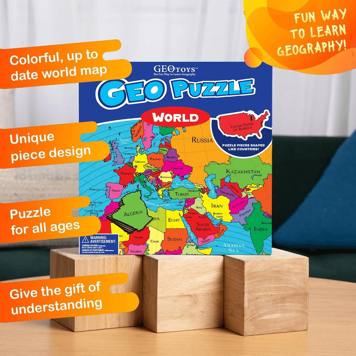 Geopuzzle World Jigsaw Puzzles, 68 Pc Map Puzzle for Kids Ages 6 & Up