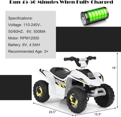 Ride on ATV, 6V Mini Off-Road Battery Powered Motorized Quad for Kids, Anti-Slip Wheels, RWD 4-Wheeler Electric Ride on Toy Car for Toddlers (White)