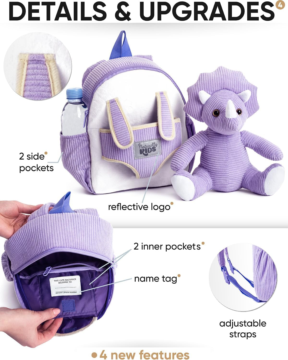 Purple Dinosaur Toys for Girls, Triceratops Toy, Dinosaur Gifts for 2 3 Year Old Girls, Toddler Backpack