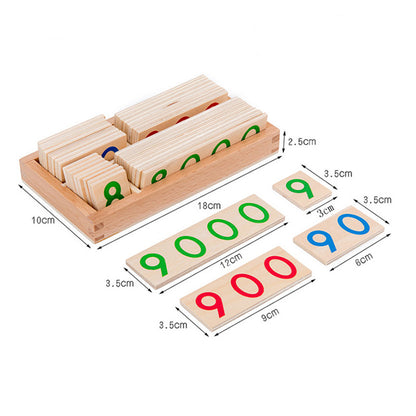 Montessori wooden number card set with measurements for the tray and cards